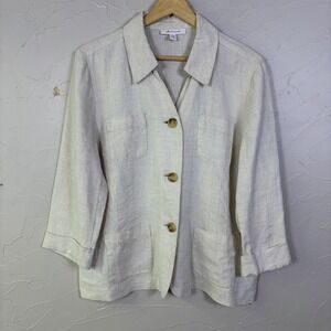 JM Collection Linen Button Up Shirt Women 16 Plus Tan Oatmeal Coastal Minimalist